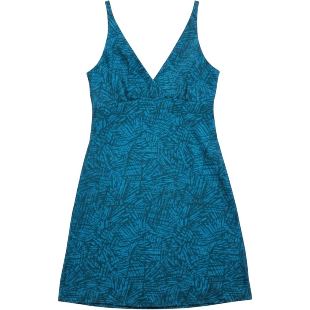 Prana Quinn Dress Medium Teal Blue Abstract Print V-Neck Strappy Back w Pockets